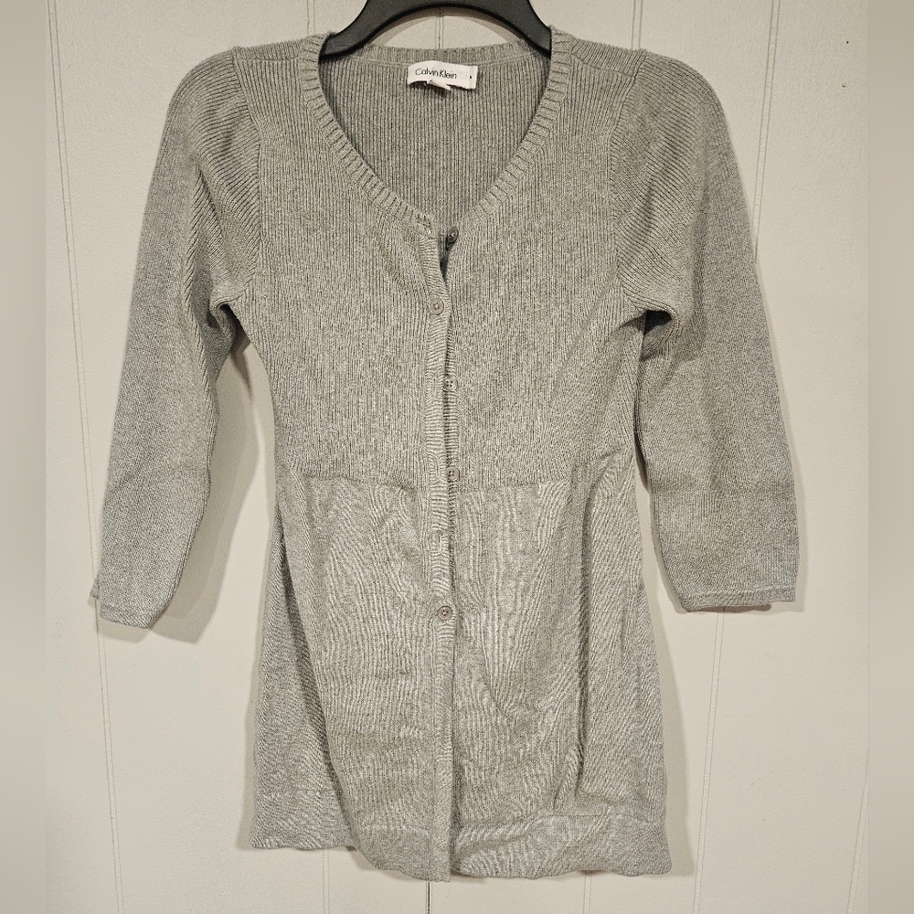 Calvin Klein Gray Button Up Knit 3/4 Sleeve Long Cardigan Womens Sweater Medium